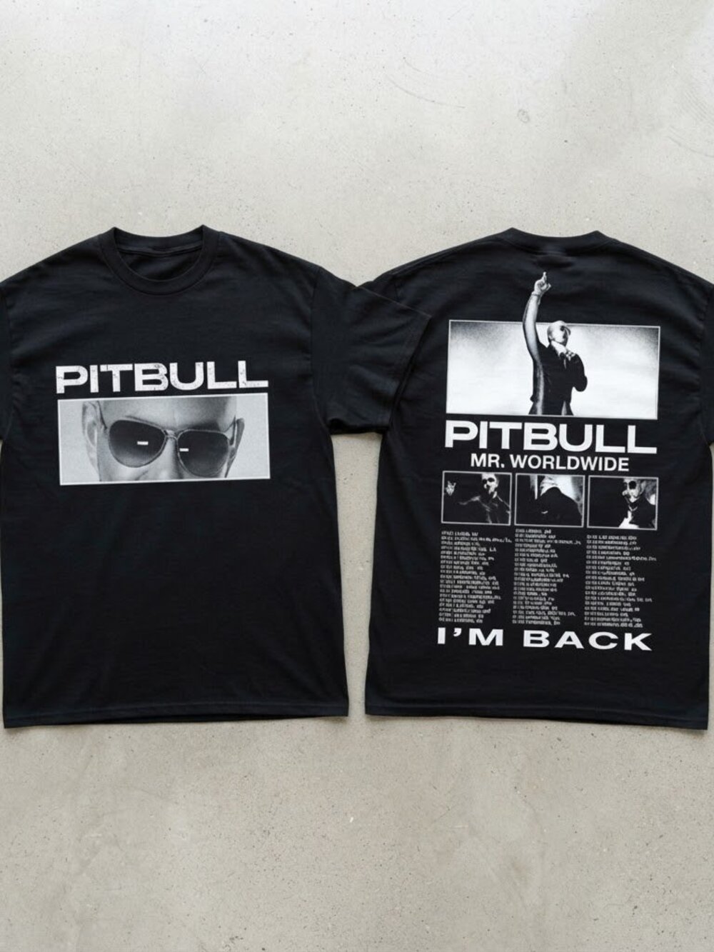 Pitbull I'm Back World Tour 2026 Photo Graphic Black T-Shirt S-4XL